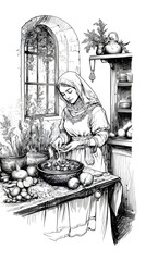 illustration of a medieval woman working in Kitching