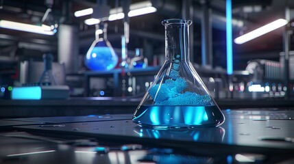 An illustration of a blue liquid in a laboratory flask in a contemporary lab, Generative AI.