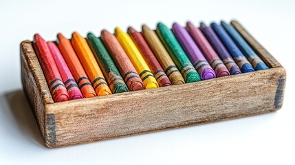 Obraz premium A wooden box containing a variety of colorful crayons arranged neatly.