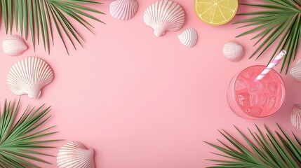 Obraz premium Refreshing tropical drink with shells and palm leaves on pink background