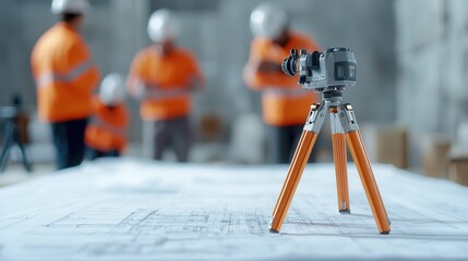 Close up of surveying equipment and blueprints on table, workers blurred
