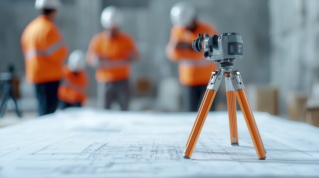 Close up of surveying equipment and blueprints on table, workers blurred