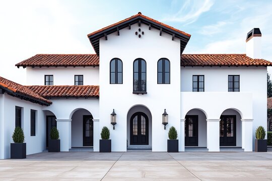 Fototapeta White stucco Spanish home with red roof tiles, arched windows, and black accents.