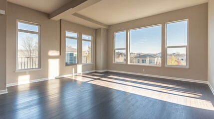 Fototapeta premium Sunlit Modern Living Room with Panoramic City Views