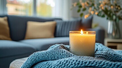 Lit candle on knitted throw, cozy living room