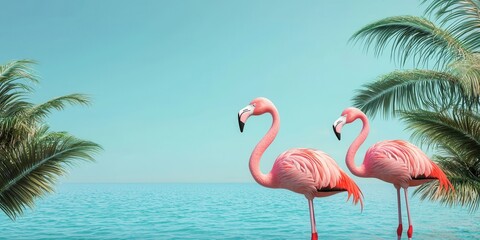Fototapeta premium Exotic flamingos by tropical ocean with palm trees in summer