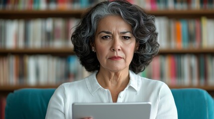tech-savvy seniors concept. Focused woman using a tablet in a library setting.