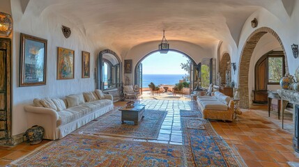 Coastal villa's arched hallway, ocean view, luxury interior, real estate