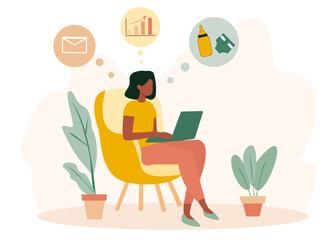 Illustration of a mom sitting in a chair working on a laptop with various thought bubbles depicting multitasking in business and family duties. Light background. Concept of work-life balance