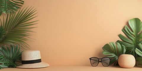 Summer essentials with straw hat, sunglasses, and tropical leaves
