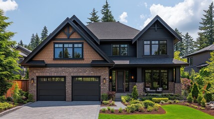 Modern Suburban Home, Landscaping, Two-Car Garage, Sunny Day, Real Estate