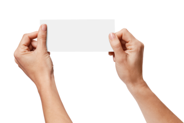 two hands holding a blank white rectangular card or paper horizontally. The card is centered and plain, with no text or design. The background is white, focusing attention on the hands and the card.