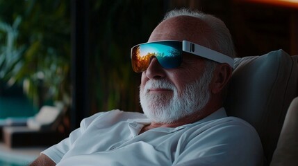 tech-savvy seniors concept. Relaxed man in sunglasses enjoying a serene moment outdoors.