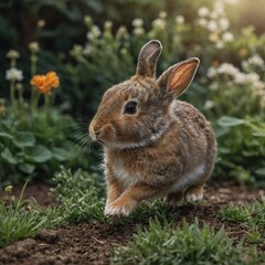 A baby rabbit hopping playfully in a garden.