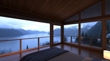 Serene mountain view from a cozy wooden cabin interior