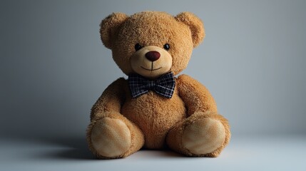 Obraz premium A plush teddy bear with a bow tie sits against a soft background, evoking warmth and nostalgia.