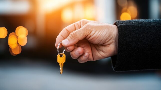 Hand holding a golden key against a blurred sunset background