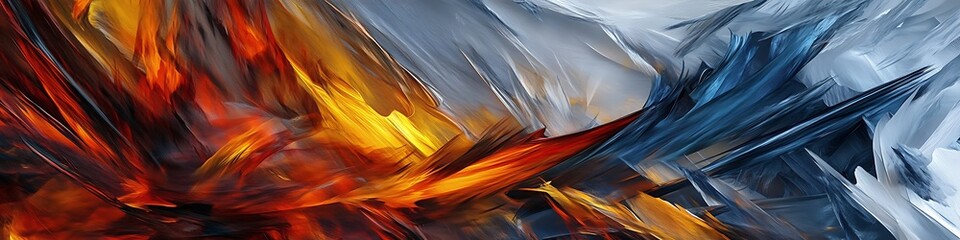 Dynamic abstract art with fiery reds and yellows contrasted with cool blues and whites