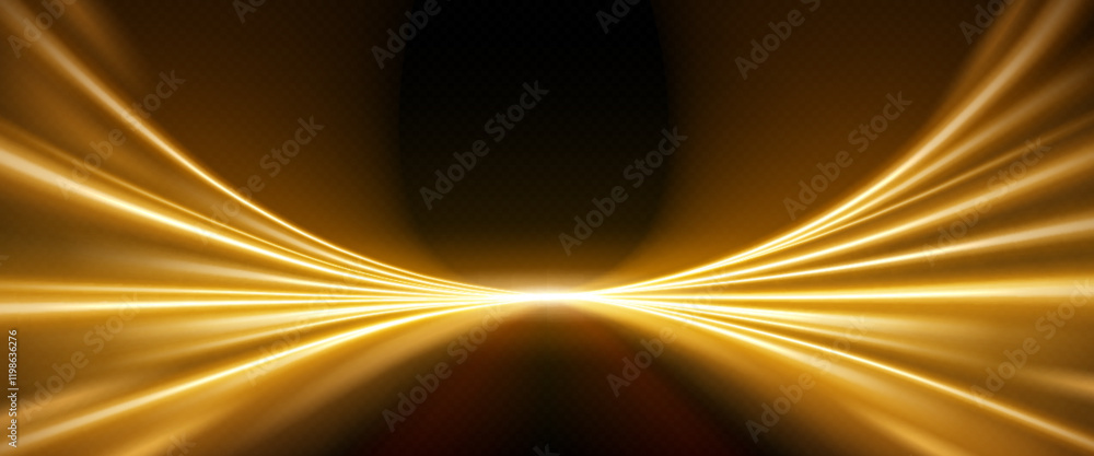 Poster Golden speed light lines - bright rays creating dynamic tunnel effect on transparent background. Shining gold beams form luminous perspective pathway for motion, technology or futuristic designs.