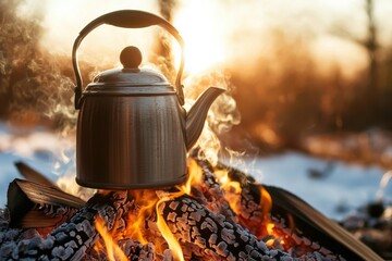 A kettle sits on glowing embers, steaming in the warm light of sunset, creating a cozy and inviting outdoor atmosphere.