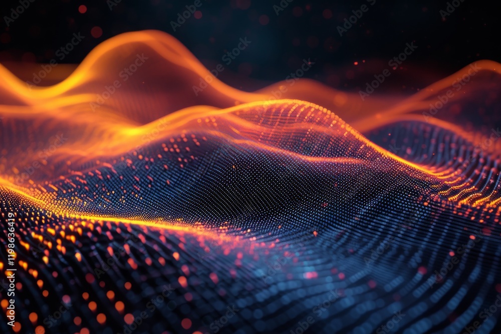 Fototapete Abstract data wave points create a dynamic visual representation of information flows, illustrating the interaction of technology and data in a futuristic setting