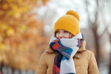 Obraz premium Girl in a yellow beanie and warm scarf enjoys a crisp autumn day in a city park surrounded by colorful leaves