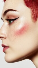 Obraz premium Close-Up a young woman with vibrant red hair Applying Liquid Foundation with Makeup Brush