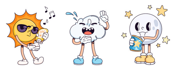 Weather character doodle set with expressive mascots - sun holding SPF bottle, cheerful cloud laughing with tear drops, moon surrounded by stars eating snack. Cute cartoon meteorological personage