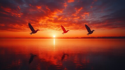 Three birds fly sunset, fiery sky, calm water.