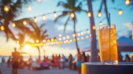 Refreshing summer beach scene with cocktail and vibrant lights