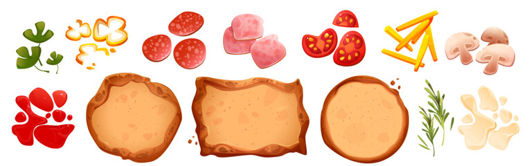 Pizza ingredients set isolated on white. Vector cartoon illustration of dough base, tomato, pepper, mushroom pieces, slices of ham and salami, ketchup sauce, olive oil, rosemary, italian fast food