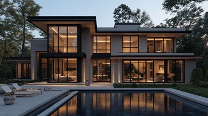 Modern house, dusk, pool, woods, architectural rendering
