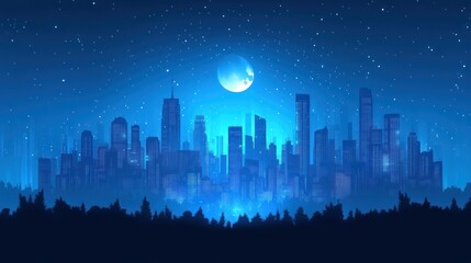 Night city skyline, moonlit, starry, urban, landscape, digital art, background, website