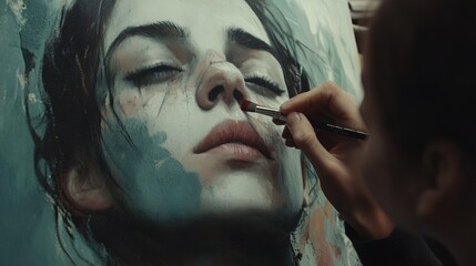 Artist painting realistic portrait studio gigapixel quality indoor close-up artistic expression