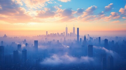Fototapeta premium Cityscape sunrise fog aerial view