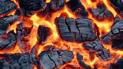 Close-up of glowing charcoal embers with intense orange flames, showcasing the beauty of fire and heat in a natural setting.