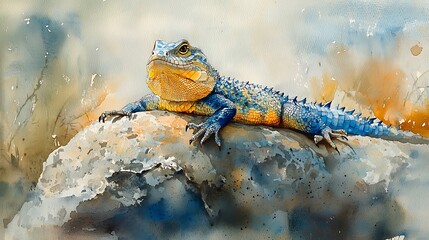 Fototapeta premium A Striking Watercolor Painting of a Blue and Yellow Lizard Basking on a Rock.