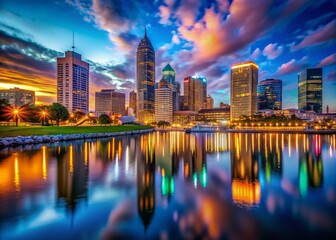 Fototapeta premium Milwaukee Wisconsin Night Skyline Panoramic Cityscape High Resolution Stock Photo