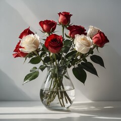 Red and white roses in a glass vase, with their shadows softly cast on the white background.