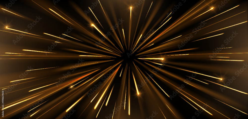 Poster speed light effect with radial golden glowing lines and bright sparkling particles bursting from cen