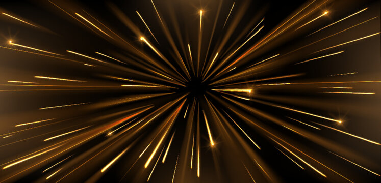 Speed light effect with radial golden glowing lines and bright sparkling particles bursting from center on dark background for sci-fi tunnel, hyperspace jump or festive firework design element.