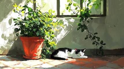 A serene painting of a tuxedo cat napping peacefully in sunlit room, nestled between potted plants near a window.