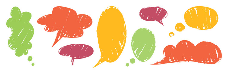 Crayon textured speech bubble set with grunge effect. Vibrant colored dialog shapes. Scratched cartoon communication elements with various forms - oval and cloud shaped boxes for message design.