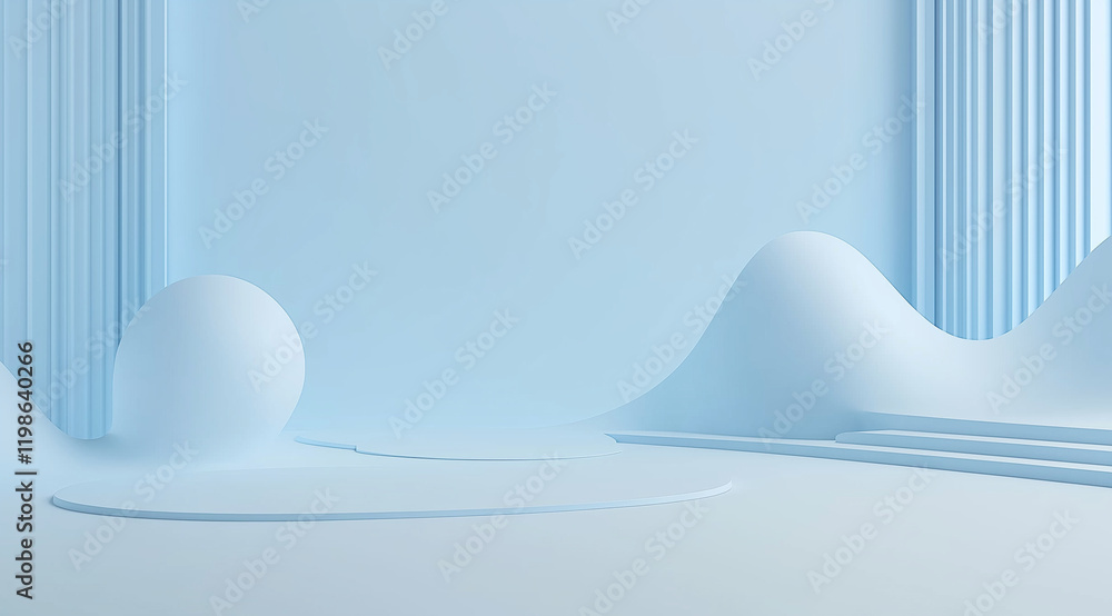 Poster high-quality light blue background with soft white gradient and curved white shapes smooth, simple c