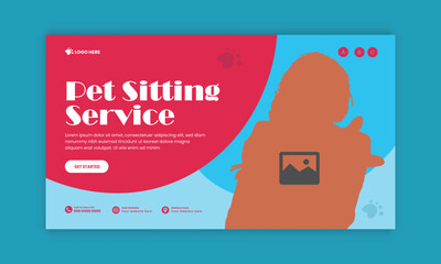 Pet sitting service horizontal banner design and pet food and accessories  sale flat banner design template