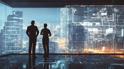 Architects reviewing blueprints in modern office urban cityscape nighttime professional insight