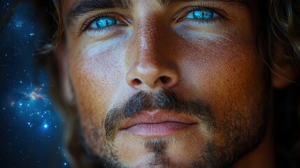 Man's face, cosmic background, close-up, outdoors, portrait