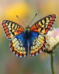 Naklejka premium A vibrant butterfly with orange, black, and blue wings perched on a flower, showcasing intricate patterns in a natural setting.