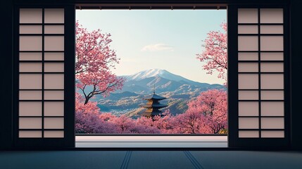 Ancient pagoda surrounded by cherry blossoms kyoto landscape photography serene environment panoramic view