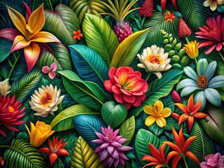 Lush Tropical Floral Pattern: Vibrant Blooms & Foliage Photography